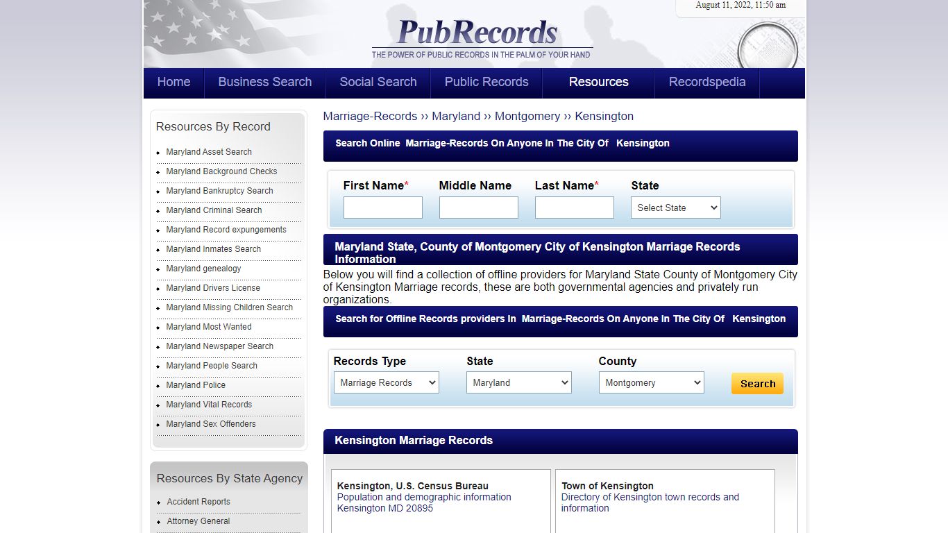 Kensington, Montgomery County, Maryland Marriage Records